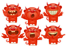 Red Devil Cartoon Characters In Different Emotions Emoji Set