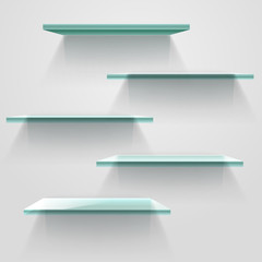 Poster - Glass empty shelves on white wall. Vector mockup