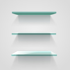 Poster - Glass empty shelves on white wall. Vector mockup