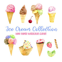Ice Cream Watercolor Illustration, Ice Cream Watercolor Clip Art, Ice Cream Painting, Watercolor, Food Collection 