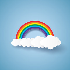 Wall Mural - Blue sky with rainbow and cloud , paper art style