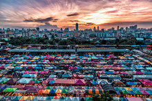 Rod Fai Night Market In Bangkok,Thailand With Colorful Tent And Landscape View In Evening