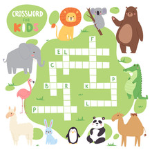 Kids Magazine Book Puzzle Game Of Forest Animals Logical Crossword Words Worksheet Colorful Printable Vector Illustration.