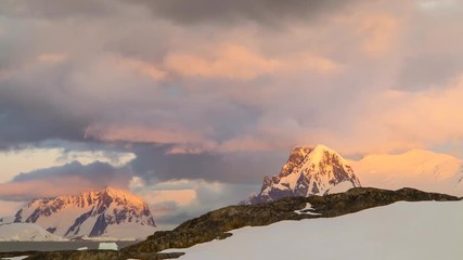 Wall Mural - Time lapse sunset in Antarctica. Mountains and alpine glow.