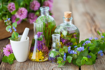Wall Mural - bottles of tincture or infusion of healthy herbs, mortar and healing plants on old wooden board. her