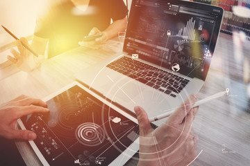 Poster - co working team meeting concept,businessman using mobile phone and digital tablet and laptop computer in modern office with virtual icon diagram