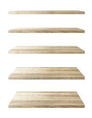 Wall Mural - Collection of wooden shelves on an isolated white background, Objects with Clipping Paths for design work