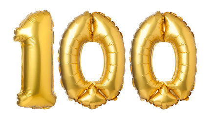 number 100 of golden balloons isolated on a white background
