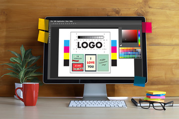 Aufkleber - Creative Designer Graphic at work. Color swatch samples, Illustrator Graphic designer working digital tablet and computer
