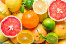 A Large Assortment Of Colorful Citrus Fruit (lemon, Lime, Orange, Grapefruit, Mandarin, Tangerine, Pomelo)