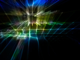 Poster - Abstract background element. Three-dimensional composition of repeating grids. Information technology concept. Blue and black colors.