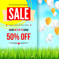 Poster - Summer selling ad banner, vintage text design. Fifty percent discounts, sale background with yellow sun, green field, white clouds and blue sky. Template for shopping, advertising.