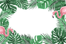 Tropical Exotic Border Frame Template With Bright Green Jungle Palm Tree Monstera Leaves And Pink Flamingo Birds Couple. Horizontal Landscape Orientation. Place For Text In The Middle.