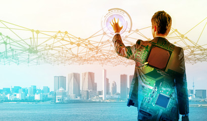 Poster - business person back view and electronics technology concept. Internet of Things.