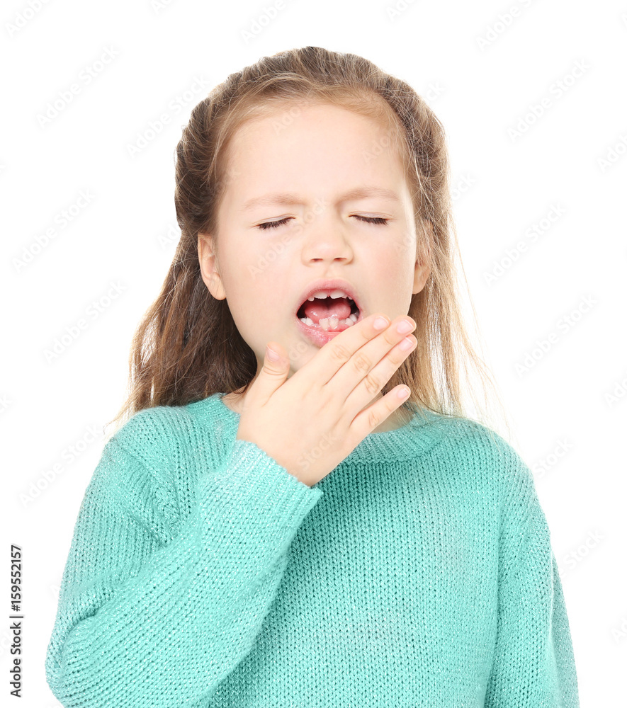 Sick little girl with cough isolated on white