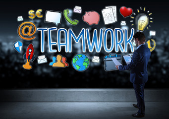 Poster - Businessman watching teamwork sketch on a rooftop 3D rendering