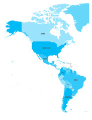 Poster - Political map of Americas in four shades of blue on white background. North and South America with country labels. Simple flat vector illustration.