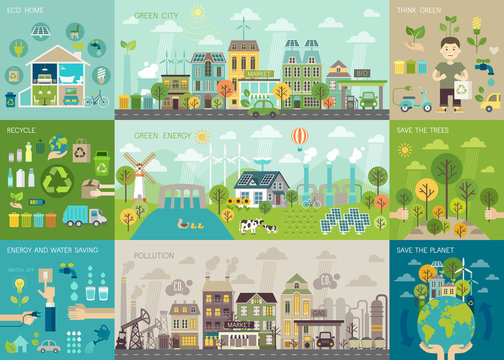 Fototapete - Green city Infographic set with charts and other elements.