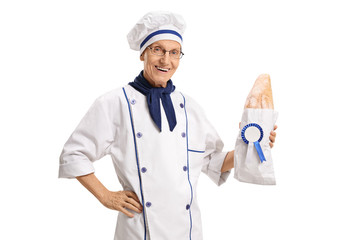 Wall Mural - Baker holding a loaf of bread with an award ribbon