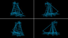 3d Rendering - Wireframe Model Of Antique Big Old Wooden Catapult With The Big Stones.