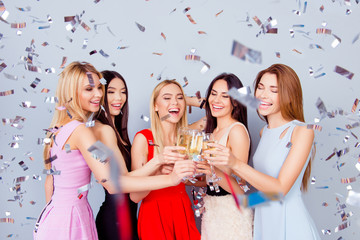 Poster - Cheers to the openning of the dream place! Five excited girlfriends are toasting, all in colorful dresses, so cute, charming, festive. Shiny silver confetti is in the air! Amazing