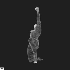 Human with arm up. Silhouette for sport championship. The victory celebration. 3D Model of Man. Vector Illustration.