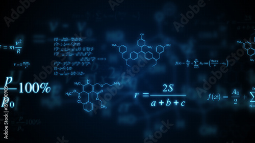 Photographie  Glowing mathematical, physical and chemical formulas