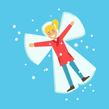 Happy Girl Having Fun While Making Snow Angel Lying On A Snow. Winter Activity Colorful Character Vector Illustration