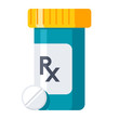 Pharmaceutical drugs and medicine tablets in bottle, vector illustration in flat style