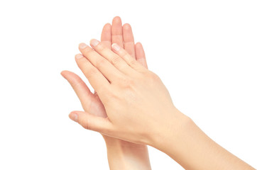 Wall Mural - Beautiful female hand applause gesture. Isolated on white background