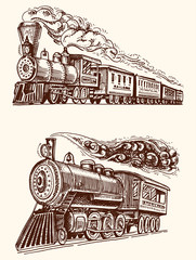 engraved vintage, hand drawn, old locomotive or train with steam on american railway. retro transport.