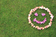 © Syndy - Smiley face emoticon from petals of rose on background of grass. Copy space is left and bottom.