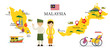 Malaysia Map and Landmarks with People in Traditional Clothing