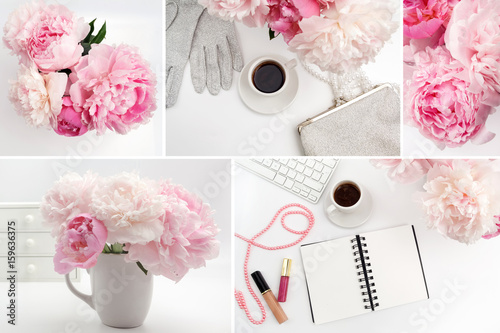 Office Desk Table With Computer Cup Of Coffee And Peony Flowers