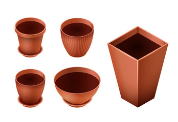 Set of empty ceramic brown flowerpots for cultivation of plants. Clay pot in an isometry,  isolated on a white background. Vector illustration