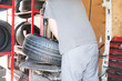 A technician specialist repairs a car wheel and changes the tire with his machine