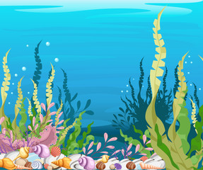 Wall Mural - under the sea vector background Marine Life Landscape - the ocean and underwater world with different inhabitants. For print, create videos or web graphic design, user interface, card, poster.