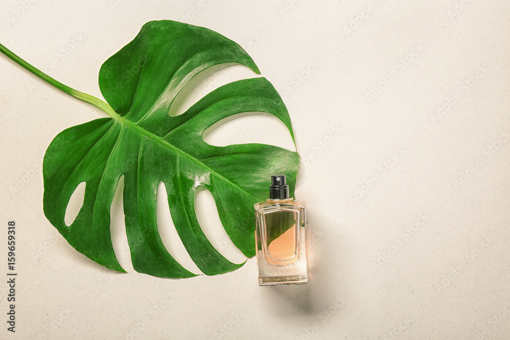 Green tropical leaf and bottle of perfume on light background. Natural cosmetics concept