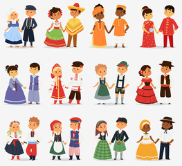 lttle kids children couples character of world dress girls and boys in different traditional nationa