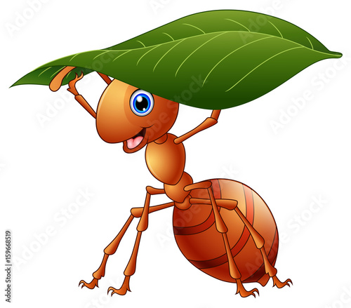 Plakat Kreskówki mrówka trzyma zielonego liść