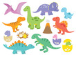 Vector illustration of dinosaurs including Stegosaurus, Brontosaurus, Velociraptor, Triceratops, Tyrannosaurus rex, Spinosaurus, and Pterosaurs.