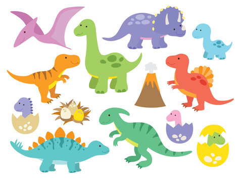 Fototapete - Vector illustration of dinosaurs including Stegosaurus, Brontosaurus, Velociraptor, Triceratops, Tyrannosaurus rex, Spinosaurus, and Pterosaurs.