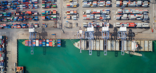 Wall Mural - Container box loading by crane, Vessel boat in logistic Singapore port, transportation, delivery and business concept.