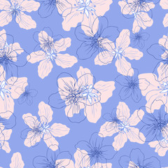  Apple flower blossom hand drawn isolated on blue background, seamless vector floral pattern, pink sakura outline art for greeting card, package design cosmetic, wedding invitation, wallpaper beauty