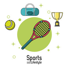 Sticker - colorful poster of sports lifestyle with tennis racket and ball and trophy vector illustration