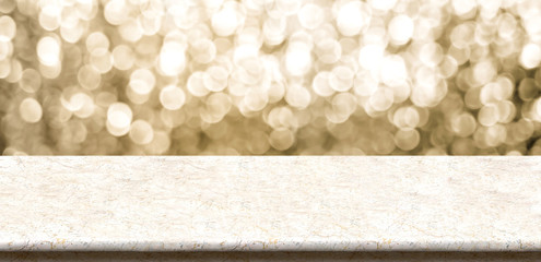 Aufkleber - Empty marble table top with sparkling gold bokeh abstract background,panoramic banner for display or montage of product,Holiday seasonal concept backdrop