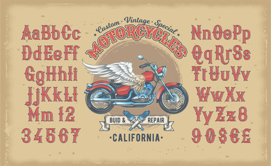 Fototapete - Vector illustration of a red vintage font, the Latin alphabet with retro custom motorcycle. Template, design element