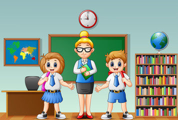 Poster - Cartoon female teacher and students in school uniform at classroom