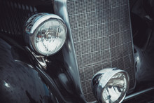 Headlights And Body Of An Old Classic Car At An Exhibition Of Vintage Cars