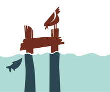 Simple Retro-style Pier With Bird And Fish For Icon, Logo, Sign. Silhouette Vector Illustration